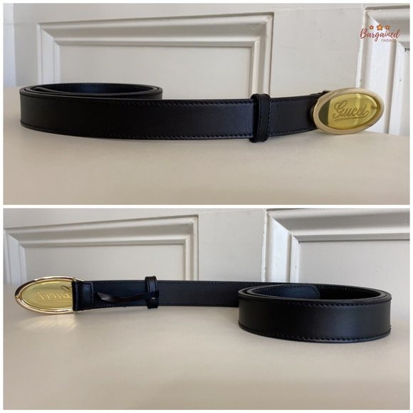 Authentic GUCCI Black Calfskin Leather Gold Script Oval Buckle Belt Size 90/36 main image 4